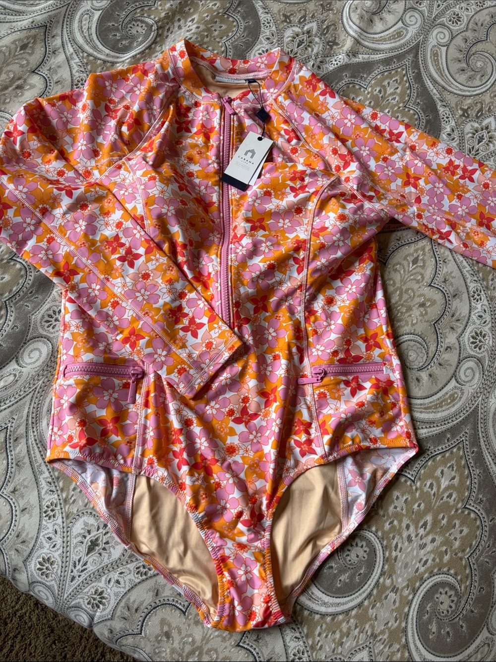 Cabana Life Pink & Orange Floral Long-Sleeve One-Piece Swimsuit NWT SPF 50